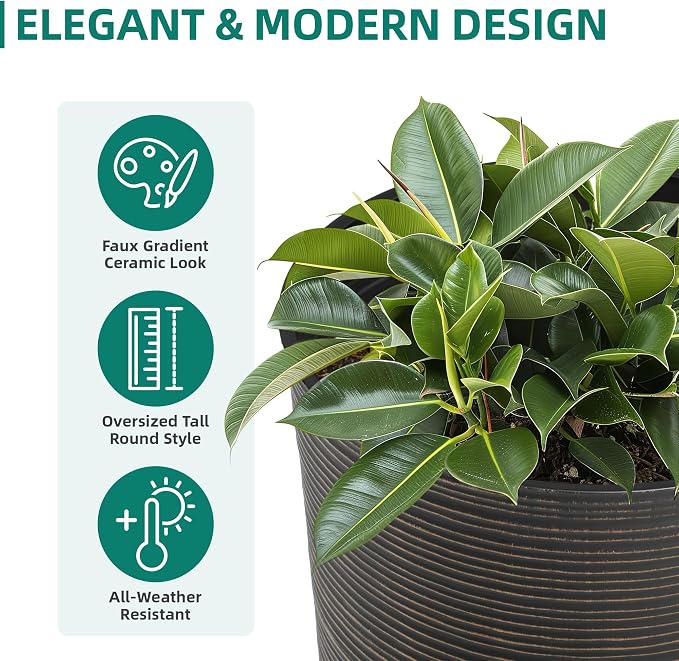 2-Pack 23.5" Bronze Plastic Tapered Planters with Vertical Stripes | Set of 2 PP tall planters with bronze vertical stripe texture, drainage plugs, and UV-treated finish for porch or patio