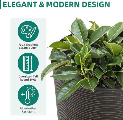2-Pack 23.5" Bronze Plastic Tapered Planters with Vertical Stripes | Set of 2 PP tall planters with bronze vertical stripe texture, drainage plugs, and UV-treated finish for porch or patio