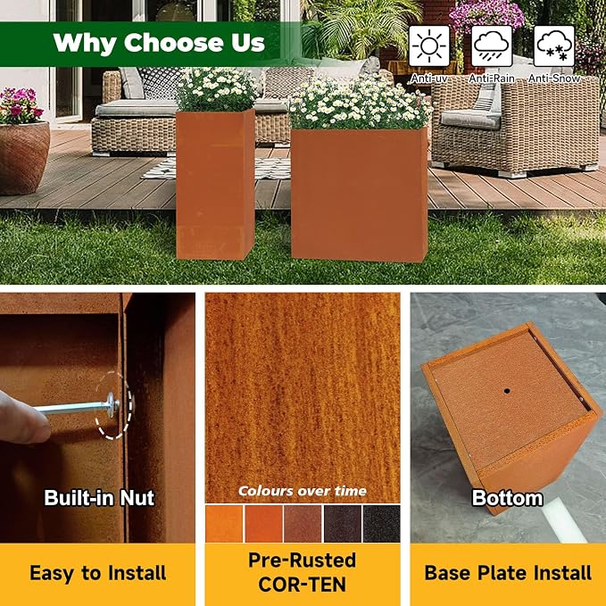 Corten Steel Planter Box for Outdoor Plants 14"x14"x30" Metal Planter Spliced Planter Box with Removable Insert Sherf for Outside,Indoor,Garden (Corten, 14 * 14 * 30)