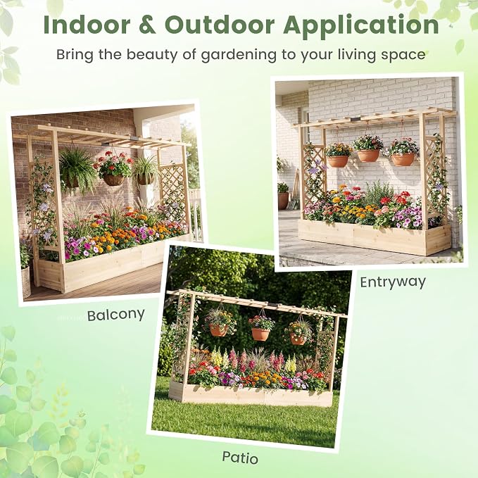 Giantex Wooden Raised Garden Bed with Trellis & Hanging Roof, 2 Pack Fir Wood Planter Box, 45” Freestanding Elevated Garden Bed for Outdoor Climbing Plants Vegetables Flowers, Patio & Balcony, Natural