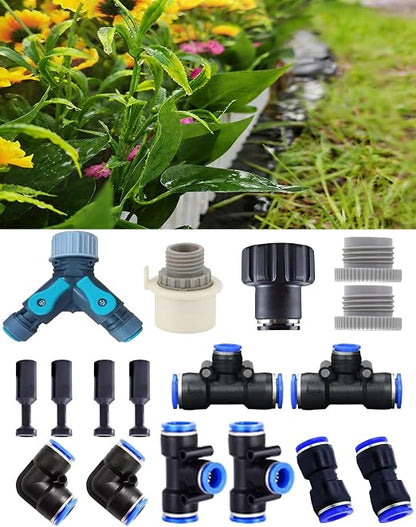 17-Piece Drip Irrigation Fitting Kit with Y-Splitter,Universal Connector & Quick Connector, Includes Elbows, Tees, Stoppers,Easy DIY Garden Watering System (17-Piece Drip Irrigation Fitting Kit)