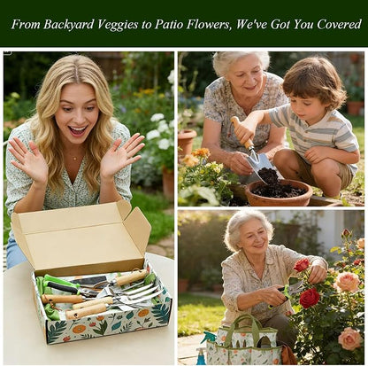 VerdantVibes 10-Piece Garden Tool Set - Heavy Duty Stainless Steel Gardening Kit with Wood Handle, Pruners & Vegetable Print Tote Bag - Unique Gardening Gifts for Women Mom Grandma