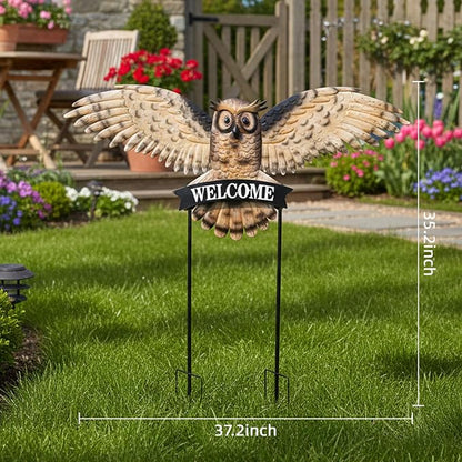 Decorative Garden Stakes Large Vintage Owl with Welcome Sign for Front Door 37.2W*35.2H, Metal Yard Art Oversized Rustic Lawn Ornaments Outdoor Decor for Mothers Day Garden Gifts
