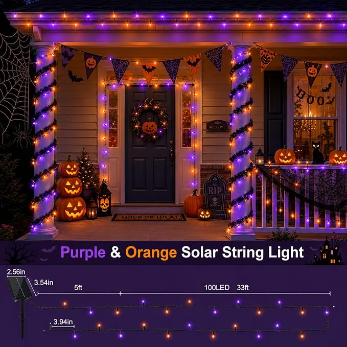 4Pack Solar Halloween String Lights Outdoor, 132ft 400LEDs Purple & Orange String Light with 11 Modes, Waterproof Patriotic Solar Lights for Garden Yard Pathway Fence Party Memorial Day