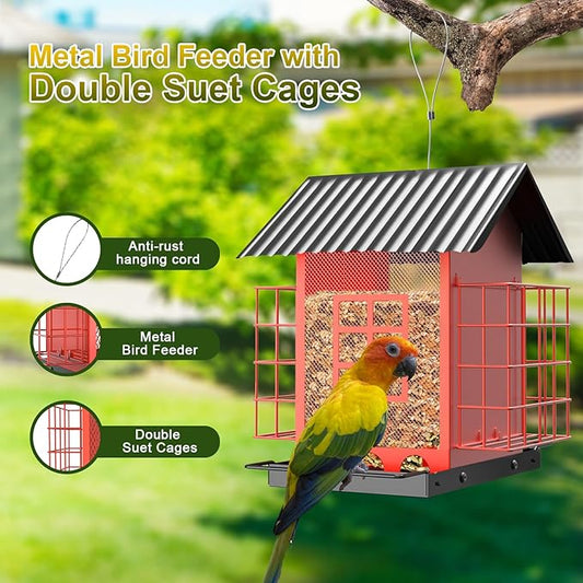 FlowaFoli Bird Feeders for Outdoors Hanging, Metal Bird Feeder with Double Suet Cage Cake, Large Capacity, Birdfeeders Sturdy & Weatherproof, Easy to Clean & Refill, Great for Attracting Wild Birds