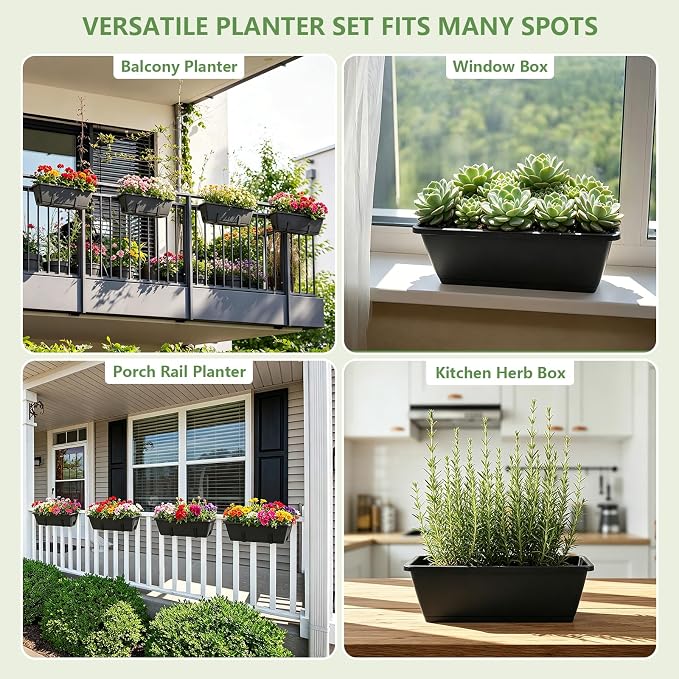 OYEAL Railing Planter Box 4 Pack Window Boxes Planters with Adjustable Brackets 17 Inch Hanging Planters for Outdoor Plants Flower Boxes for Balcony Fence Deck Railing Porch Over Rail, Black