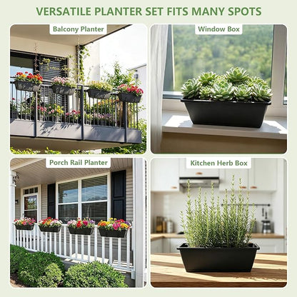 OYEAL Railing Planter Box 4 Pack Window Boxes Planters with Adjustable Brackets 17 Inch Hanging Planters for Outdoor Plants Flower Boxes for Balcony Fence Deck Railing Porch Over Rail, Black