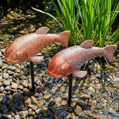 Koi Fish Decor, Set of 2 Antique Koi Garden Statues Art, Pond Accessories, Yard Pond Decor, Large Outdoor Garden Statues Ornaments, Real Fish Sculpture Art (10.8")