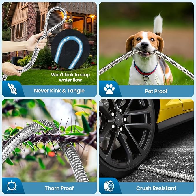 Garden Hose 100FT, Water Hose with 10 Function Nozzle, Garden Hose Metal with Leak-proof Connectors, Kink-Free & Ultra Flexible, Rust/Pet/Puncture Proof for Lawn, Yard, Car Wash, 550PSI
