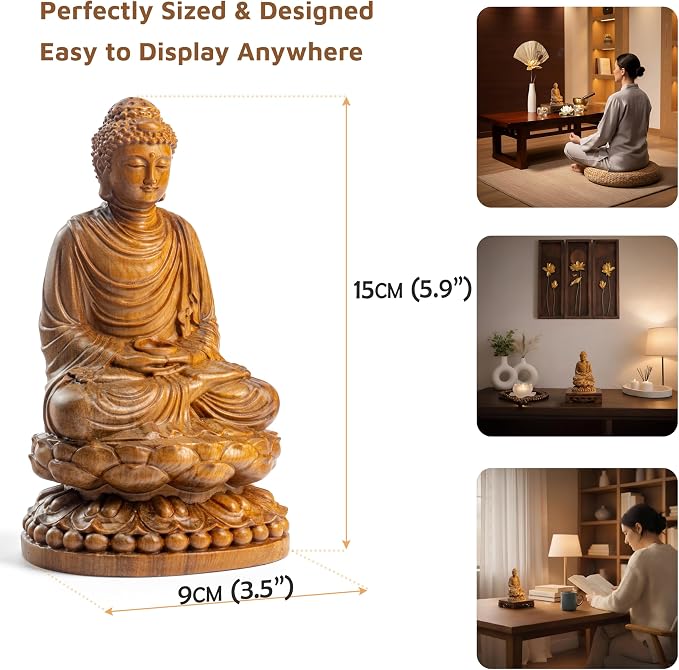 Buddha Statue – Wooden Shakyamuni Buddha for Indoor Home Altar, Meditation Room Decor, Buddhist Spiritual Gifts