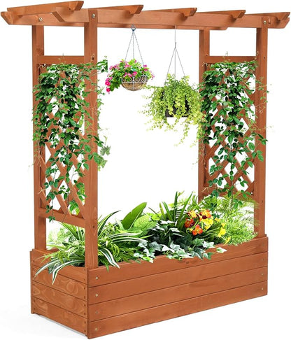 VINGLI Raised Garden Bed with Trellis & Hanging Roof, Wooden Planter Box with Drainage Holes for Outdoor Climbing Plants Vegetables Flowers, Patio Yard Balcony (Teak, Medium)