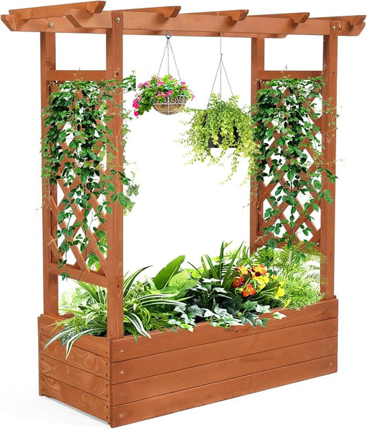 VINGLI Raised Garden Bed with Trellis & Hanging Roof, Wooden Planter Box with Drainage Holes for Outdoor Climbing Plants Vegetables Flowers, Patio Yard Balcony (Teak, Medium)