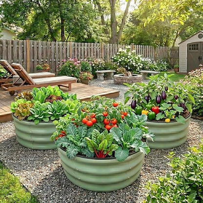 Raised Garden Bed, Metal Planter Box, Oval Shape, Outdoor Planting Flower Herb Vegetable Box (3 PCS of 2x2x1 ft, Green Round)