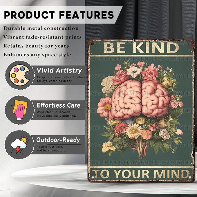 Be Kindto Your Mind Vintage Metal Tin Sign Boho Decor Hippie Wall Art Room Office Room Plant Decorfor Lady Woman 12 * 16inch