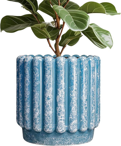 Ceramicfor Ceramic Planter, 12 Inch, Blue | Drainage Hole, Round Large Flower Pot, Fluted Decorative Design, Indoor Outdoor Use