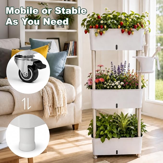 3-Tier 46.7"H Rolling Raised Garden Bed with Wheels, Self Watering Planter Box with Visible Water Level, Gray Rustproof Plastic Herb & Strawberry Planter for Indoor Outdoor Vegetables Flowers, DIY Kit