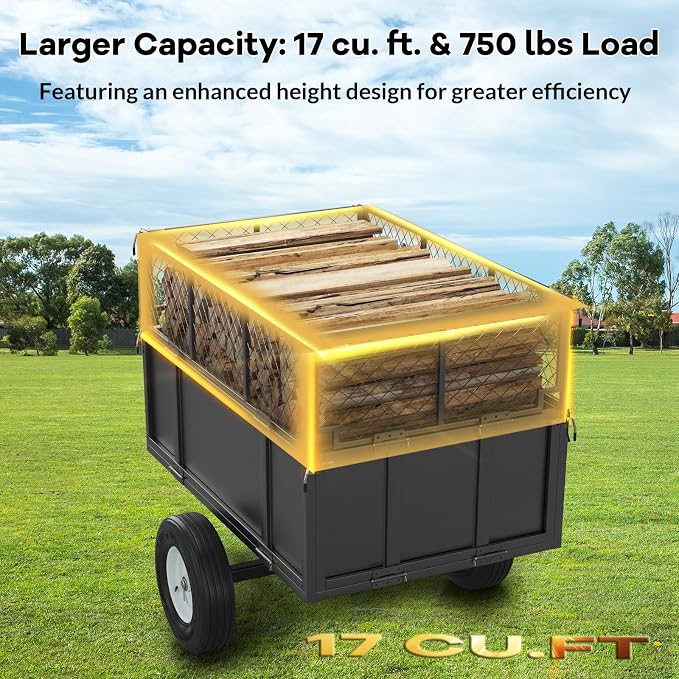 Heavy Duty 750LB Capacity Steel Dump Cart Trailer for ATV, 17 Cu.Ft Utility Garden Wagon, 2 Wheels, Durable Tow-Behind for UTV, Lawn Mower, Tractor, Landscaping