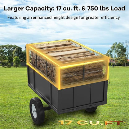 Heavy Duty 750LB Capacity Steel Dump Cart Trailer for ATV, 17 Cu.Ft Utility Garden Wagon, 2 Wheels, Durable Tow-Behind for UTV, Lawn Mower, Tractor, Landscaping