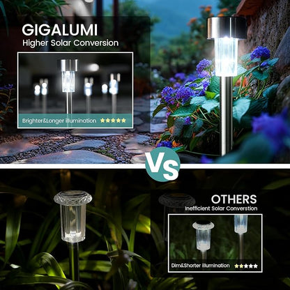 GIGALUMI 24 Pack Solar Lights Outdoor Waterproof,Stainless Steel LED Solar Garden Lights, Solar Pathway Lights Outdoor, Outdoor Solar Lights for Yard, Patio, Lawn and Landscape(Cold White)