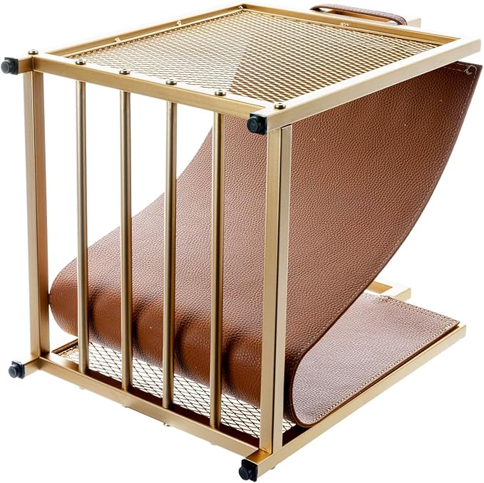 MyGift Modern Gold Tone Metal Firewood Stand with Brown Leatherette Wood Holder Sling, Wire Mesh Design and Top Carrying Handles, Compact Log Splits Kindling Storage Rack