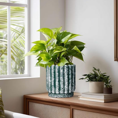 Ceramicfor Ceramic Flower Pot, 7.6 Inch, Green | Drainage Hole, Round Fluted Design, Indoor Outdoor Use, Decorative Planter