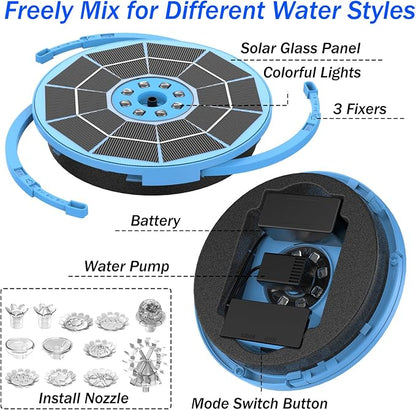 AISITIN 3.5W Solar Bird Bath Fountain with LED Colorful Lights & 3000mAh Battery, Solar Fountain Pump with 10 Nozzles, Solar Water Pump for Garden, Pond and Outdoor (Blue)