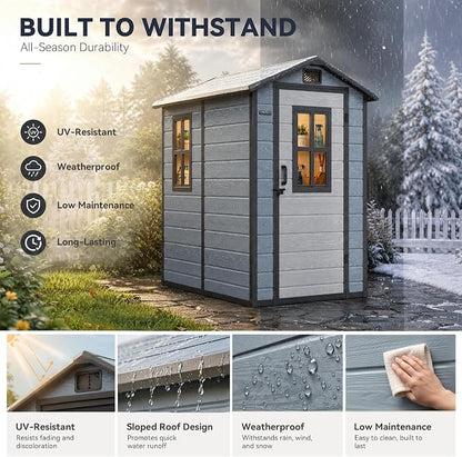 DWVO Outdoor Storage Shed 4.4×6FT, Plastic Garden Resin Shed with 2 Windows, Reinforced Floor, Door Handle, Door Lock & Vents, Outdoor Tool Shed for Backyard Patio, Stores Bike Garden Tools, Blue-Gray