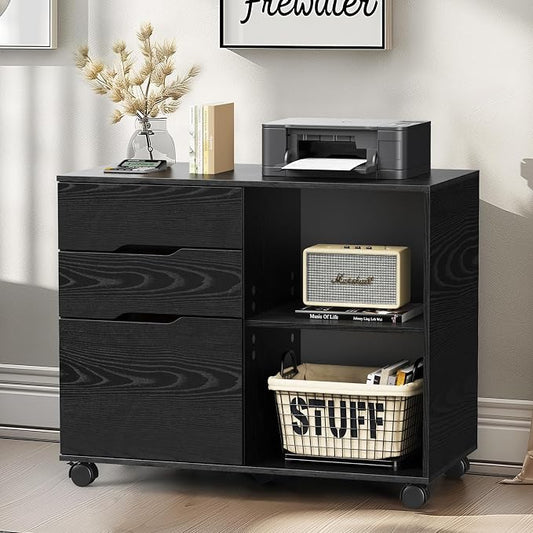 DUMOS Wood File Cabinet with 3 Drawers, Rolling Printer Stand | Under Desk Storage Organizer Home Office Space with Shelves for Files and Office Supplies, Rust