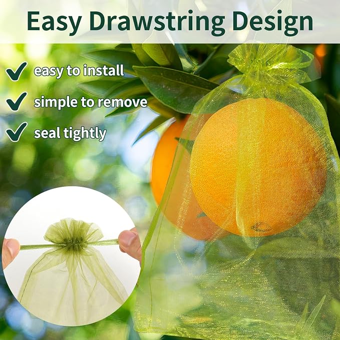 NIUBIER 50 Pcs Fruit Protection Bags, 4×6 in Green Fruit Nets for Fruit Tree, Drawstring Mesh Cover Bags to Protect Vegetables Tomato Strawberry Garden