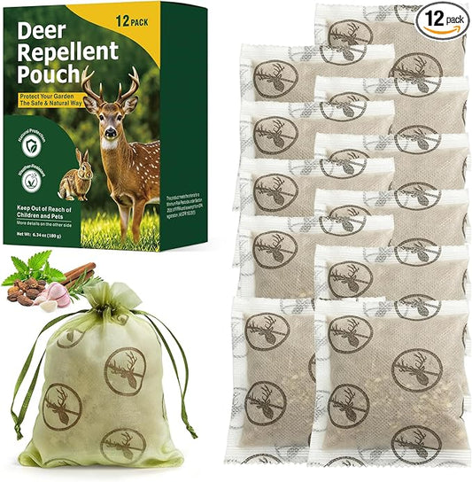 12 Pack Powerful Deer and Rabbit Repellent Pouches, Natural Rabbit Repellent Outdoor Use Safe for Kid & Pet, Effective Deer Away Deer Repellent for Plants, Garden, Yard, Lawn, Orchard & Vegetable Bed