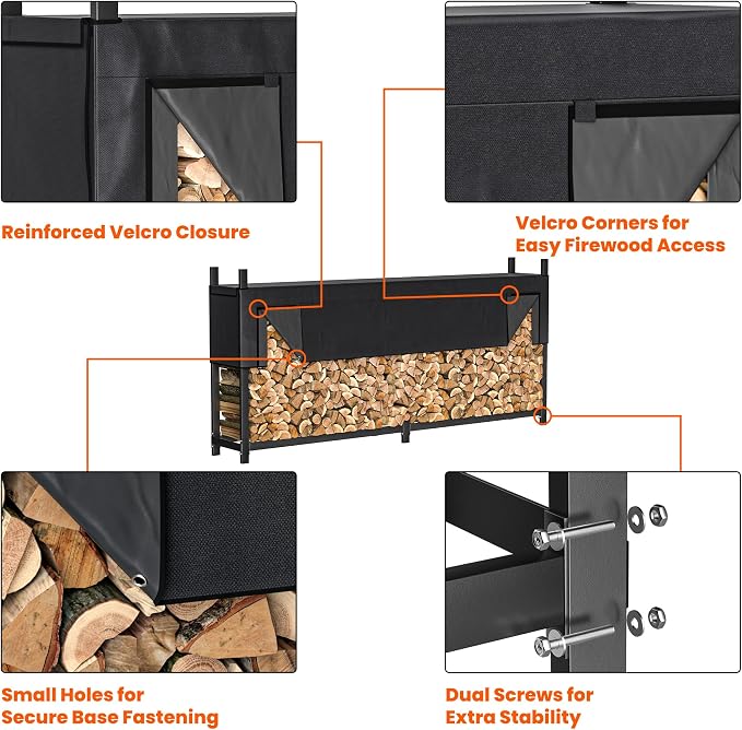 Ultrawall 8ft Heavy Duty Firewood Rack with Waterproof Cover, Freestanding Wood Log Holders for Firewood, Indoor/Outdoor Wood Storage Rack