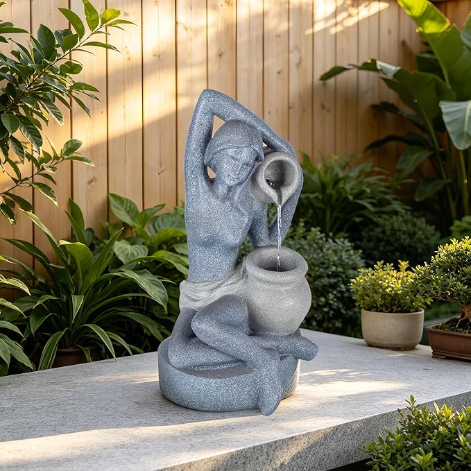 23.6" H Elegant Lady Water Fountain Outdoor, Garden Fountain with LED Light | Artistic Woman Holding Urn Waterfall Feature, Modern Art Fountain for Home, Garden, Patio, Living Room, Gift for Men & Women
