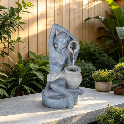 23.6" H Elegant Lady Water Fountain Outdoor, Garden Fountain with LED Light | Artistic Woman Holding Urn Waterfall Feature, Modern Art Fountain for Home, Garden, Patio, Living Room, Gift for Men & Women