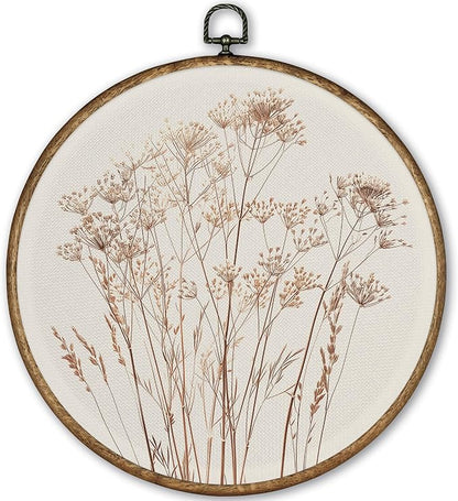 TLESKE Beige Rustic Fall Botanical Round Wall Art Decor, Boho Autumn Wildflower Floral Framed Canvas Prints Wall Art Artwork, Neutral Vintage Wall Hanging Door Decor Decorations for Bedroom Living Room Farmhouse 10x10