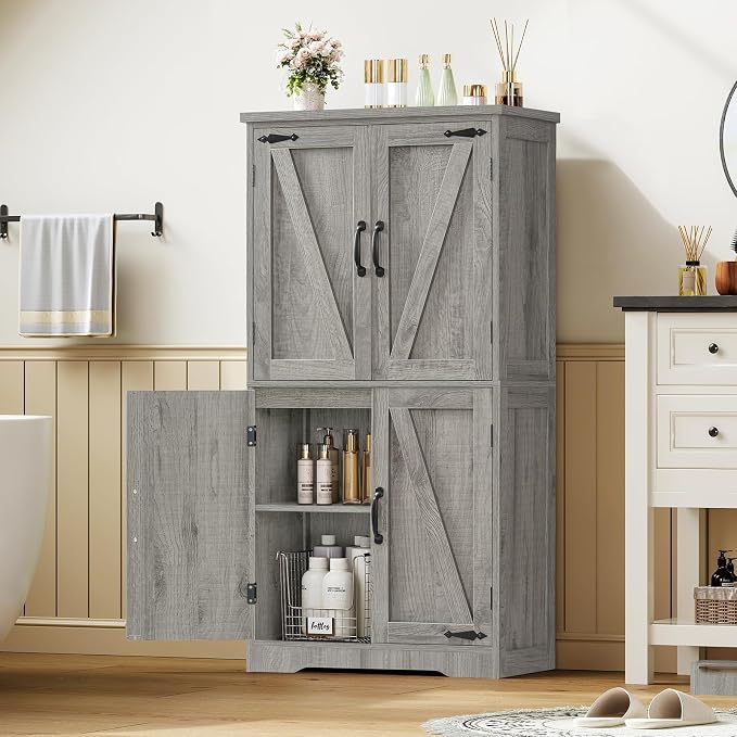TEENFON Farmhouse Storage Cabinet with 2 Adjustable Shelves, Bathroom Cabinet with 4 Doors, Cupboard for Kitchen, Living Room, Rustic Gray