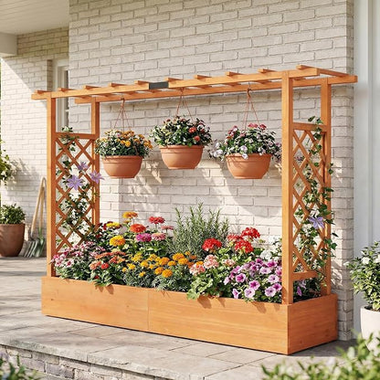 Giantex Wooden Raised Garden Bed with Trellis & Hanging Roof, Fir Wood Planter Box, 45” Freestanding Elevated Garden Bed for Outdoor Climbing Plants Vegetables Flowers, Patio & Balcony, Orange