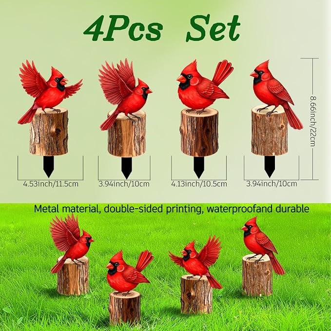 Set of 4 Metal Red Cardinal Birds on Stakes Outdoor Garden Decor - Yard Art Sculptures Standing on Wooden Post Style - Cardinal Gifts for Bird Lovers Patio Lawn Ornaments(Red Cardinal-c)