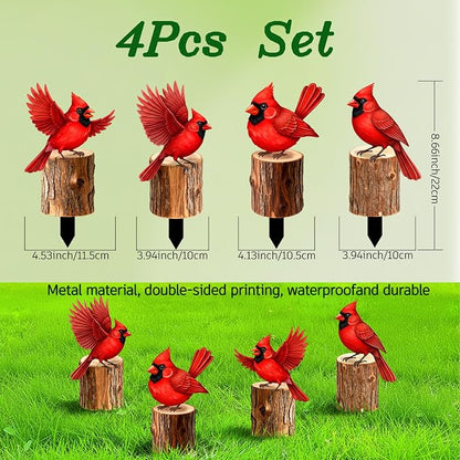 Set of 4 Metal Red Cardinal Birds on Stakes Outdoor Garden Decor - Yard Art Sculptures Standing on Wooden Post Style - Cardinal Gifts for Bird Lovers Patio Lawn Ornaments(Red Cardinal-c)