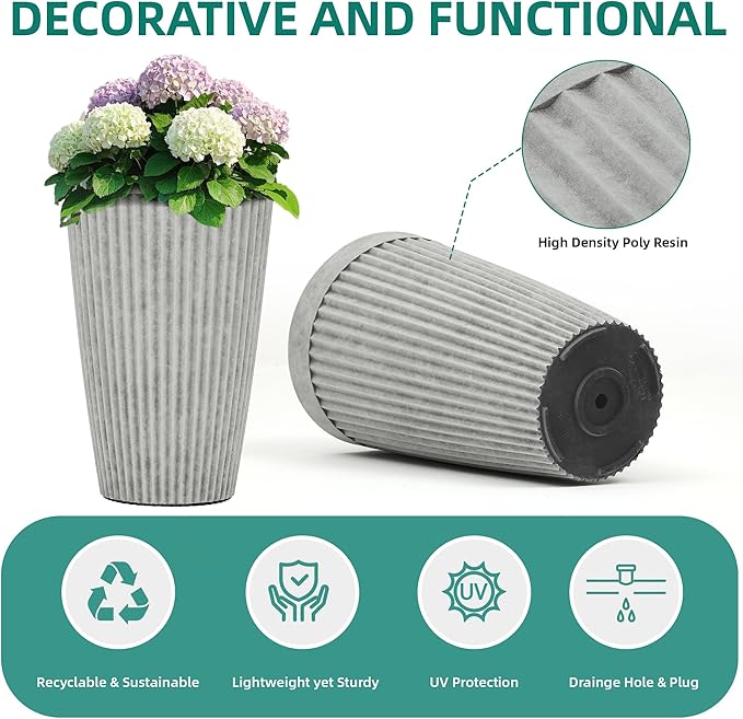 Autodaya 20" Ivory Outdoor Fluted Resin Tall Planters Set of 2 | High-Density Resin Pots with Drainage Holes for Indoor and Outdoor Plants, Patio, Garden, Porch, Living Room, or Gifting