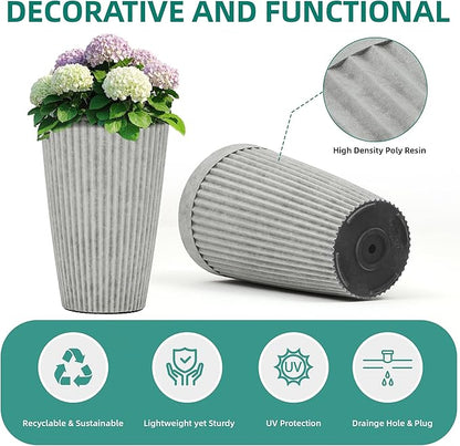 Autodaya 20" Ivory Outdoor Fluted Resin Tall Planters Set of 2 | High-Density Resin Pots with Drainage Holes for Indoor and Outdoor Plants, Patio, Garden, Porch, Living Room, or Gifting