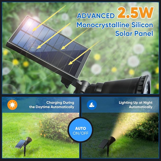 KEV 800 Lumens Solar Spot Lights Outdoor,18 LEDs Solar Flood Lights with 2 Modes &Adjustable &IPX65 Waterproof,Solar Spotlight for Driveway/Backyard/Patio Landscape/Tree/Garage(Warm White,2 Pack)