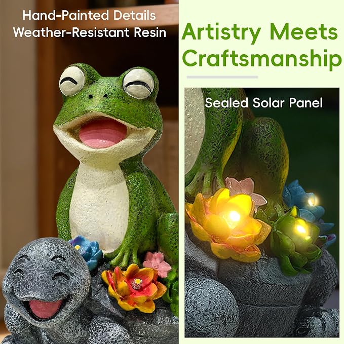 Solar Garden Statues, Cute Smiling Animal Outdoor Decor with 8 Bright LED Lights for Patio Yard Balcony Perfect Mother‘s Day Birthday Housewarming Garden Gift (Green Frog - Stone colored Turtle)