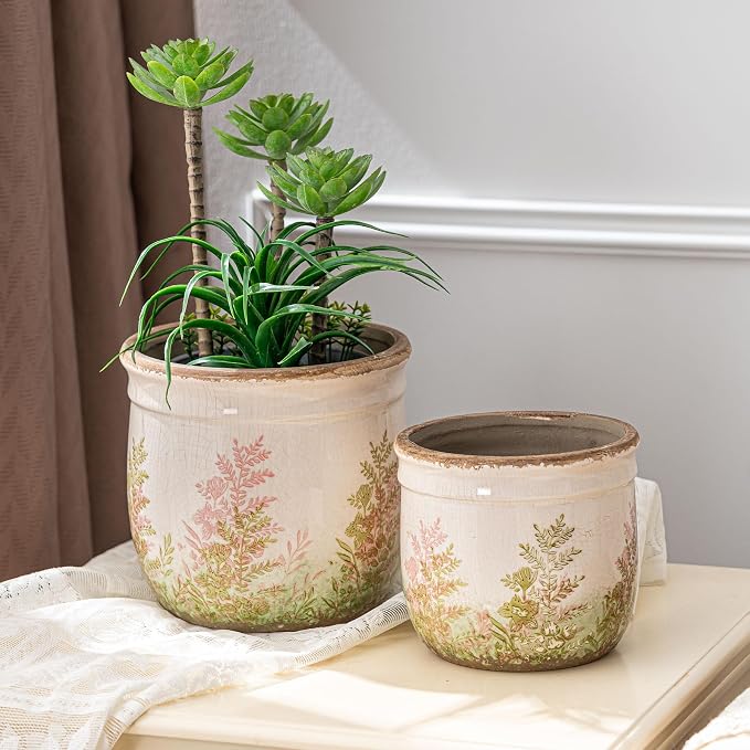 SURE YUESI Ceramic Plant Pots Set of 2, 4.7+5.7 Inch Vintage Indoor Planters with Drainage Hole, Farmhouse Ceramic Flower Pots for Indoor Plants, Rustic Cottage Decor for Home Kitchen Garden, Pink