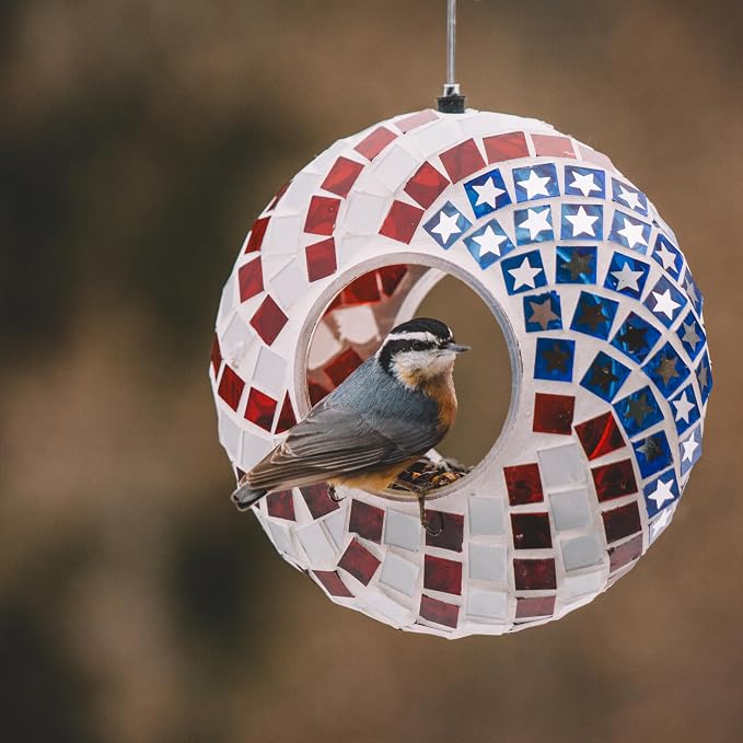 Backyard Expressions Hanging Glass Bird Feeder - Patriotic - Fly Through Bird Feeders for Outside, Mosaic Bird Feeder, Round Shape Wild Birdfeeder