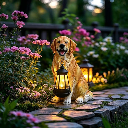 Afirst Solar Dog Statue Garden Decor, Outdoor Statue Decor with Solar Lantern Valentine's Day Gift Lovely Golden Retriever Figurine Patio Lawn Yard Art Ornaments Housewarming Gift
