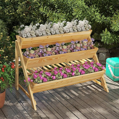 3-Tier Raised Garden Bed, Elevated Gardening Bed with Storage Shelf, Bed Liner, Garden Planter for Flowers, Vegetables, Herbs, Pine Wood Planter Box for Patio, Balcony, Porch