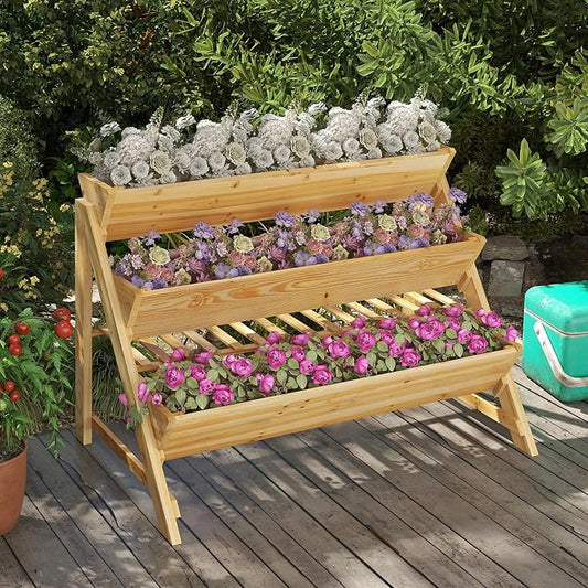 3-Tier Raised Garden Bed, Elevated Gardening Bed with Storage Shelf, Bed Liner, Garden Planter for Flowers, Vegetables, Herbs, Pine Wood Planter Box for Patio, Balcony, Porch
