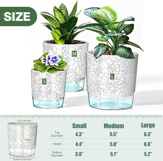 3 Pack Self Watering Pots for Indoor Plants, 4+5.5+6.3 Inch Self Watering Plant Pots, Flower Pots with Wick Rope and Reservoir - Crack Texture