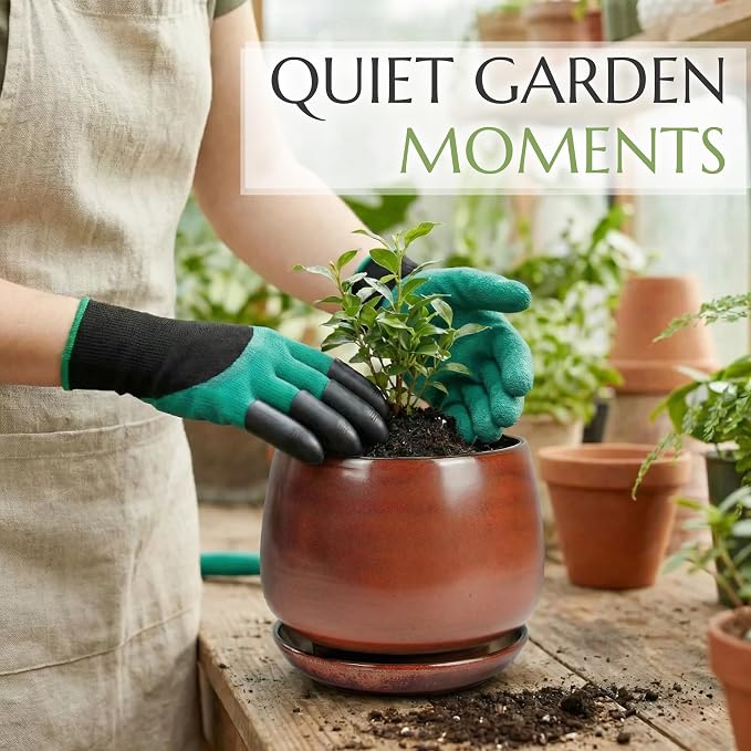 7.5 Inch Flower pots for Indoor Outdoor Plants with Saucer Drainage Leak-Proof Mesh, Ceramic Planter with Gardening Gloves for Succulent and Flower(Iron-red)