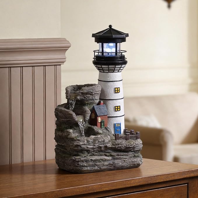 Tolevoit Indoor Tabletop Water Fountain, Mediterranean Coastal Lighthouse Waterfall with Blue LED Light, Relaxing Zen Desk Fountain for Office & Bedroom, Nautical Home Decor Stress Relief Gift